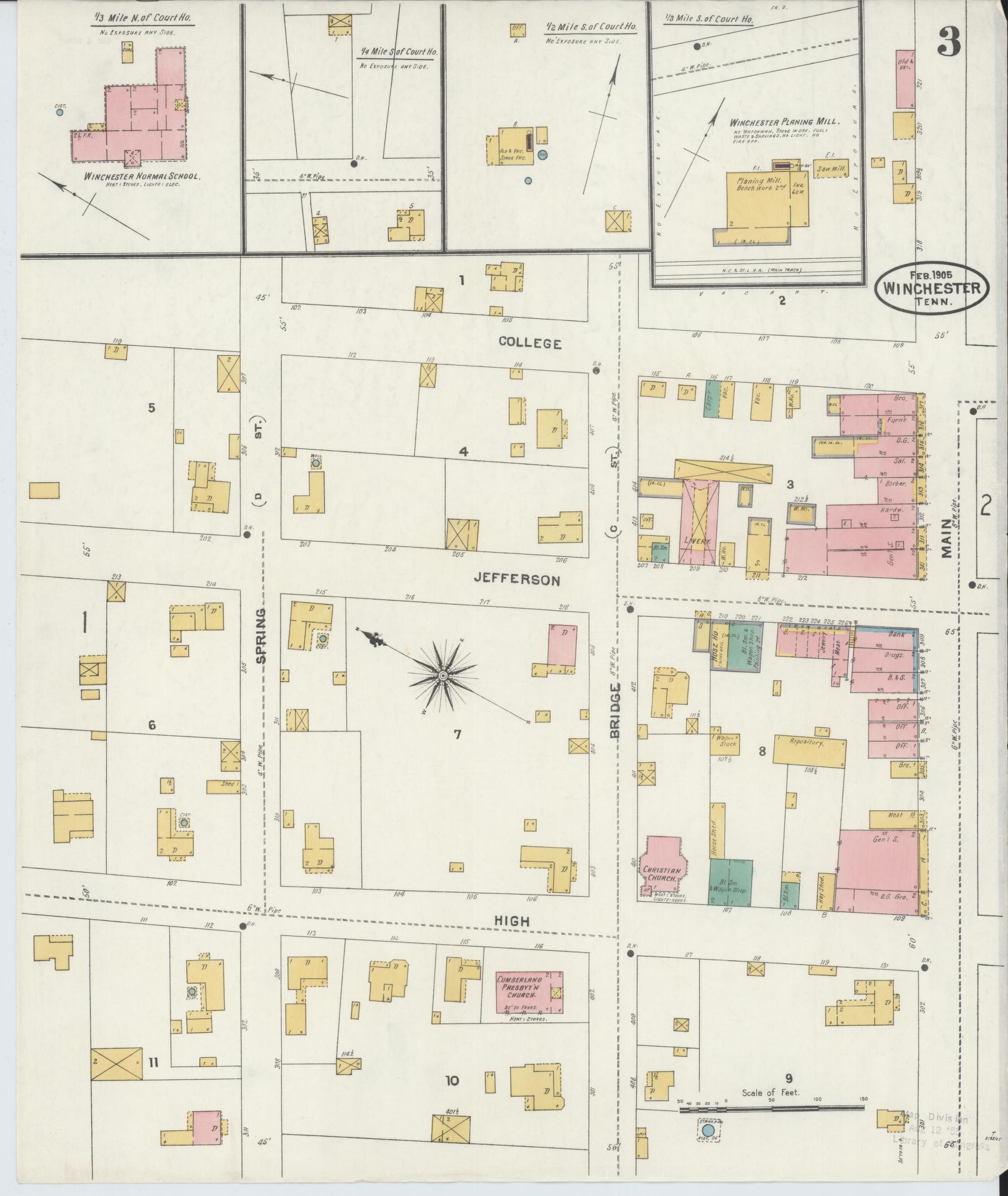 Sanborn Fire Insurance Map from Winchester, Franklin  County, Tennessee (1905), Sheet #0003 - Complete Map Set gallery image, historic Sanborn map, vintage wall art, Tennessee Tennessee