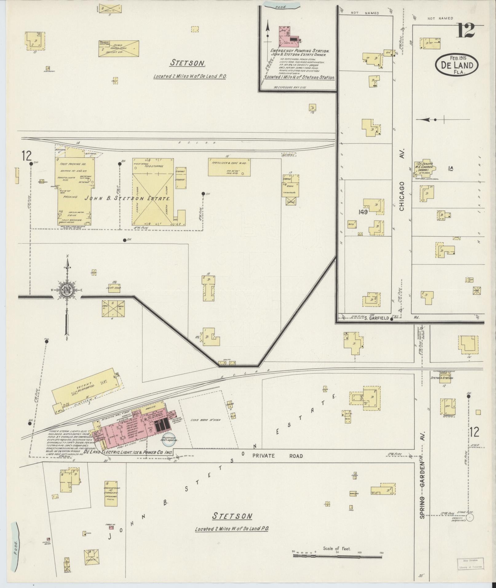 Sanborn Fire Insurance Map from De Land, Volusia County, Florida (1915), Sheet #0012 - Historic Sanborn Fire Insurance Map Print, vintage old map wall art, antique decor, genealogy gift, Florida Florida map
