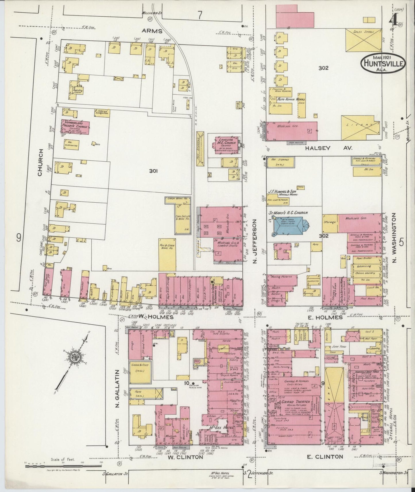 Sanborn Fire Insurance Map from Huntsville, Madison County, Alabama (1921), Sheet #0004 - Complete Map Set gallery image, historic Sanborn map, vintage wall art, Alabama Alabama