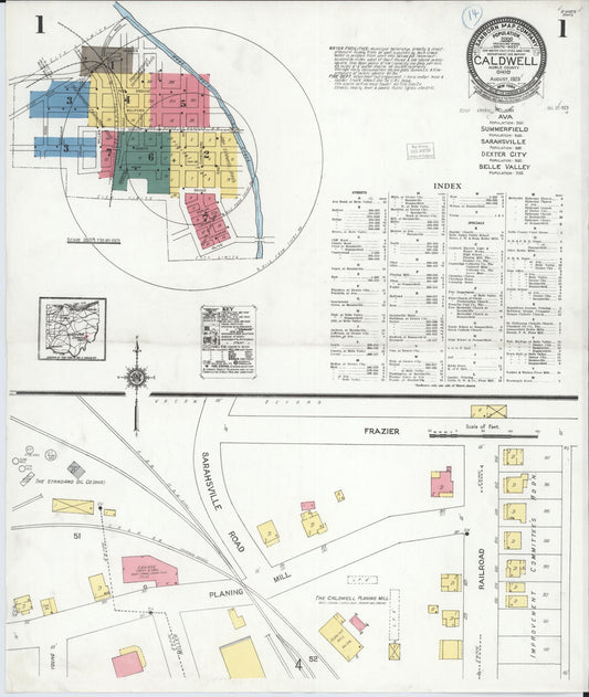 Sanborn Fire Insurance Map from Caldwell, Noble County, Ohio (1923), Sheet #0001 - Historic Sanborn Fire Insurance Map Print, vintage old map wall art, antique decor, genealogy gift, Ohio Ohio map