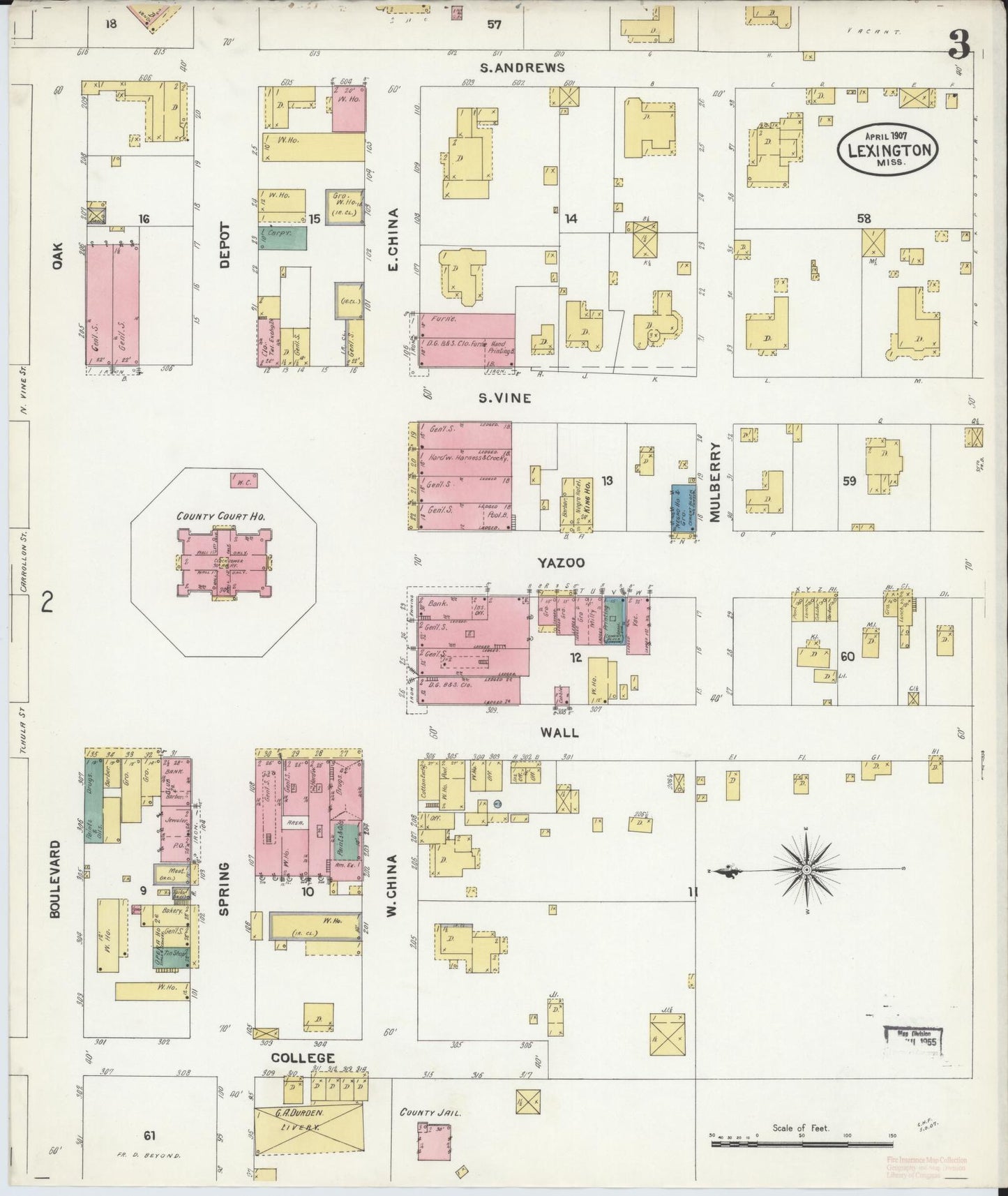 Sanborn Fire Insurance Map from Lexington, Holmes County, Mississippi (1907), Sheet #0003 - Complete Map Set gallery image, historic Sanborn map, vintage wall art, Mississippi Mississippi