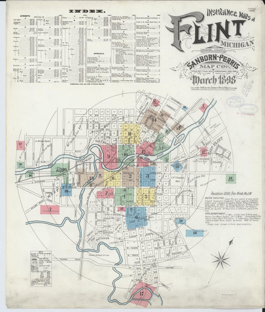 Sanborn Fire Insurance Map from Flint, Genesee County, Michigan (1898), Sheet #0001 - Complete Map Set gallery image, historic Sanborn map, vintage wall art, Michigan Michigan