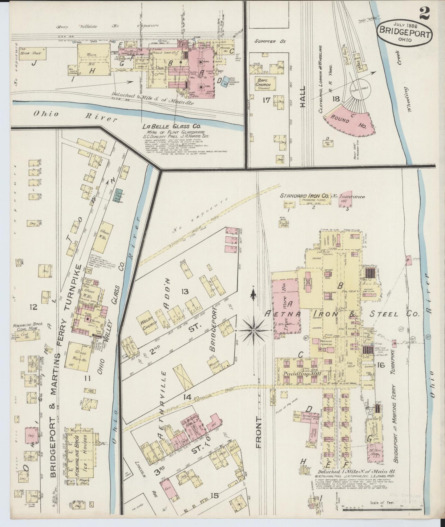 Sanborn Fire Insurance Map from Bridgeport, Belmont County, Ohio (1886), Sheet #0002 - Historic Sanborn Fire Insurance Map Print, vintage old map wall art, antique decor, genealogy gift, Ohio Ohio map