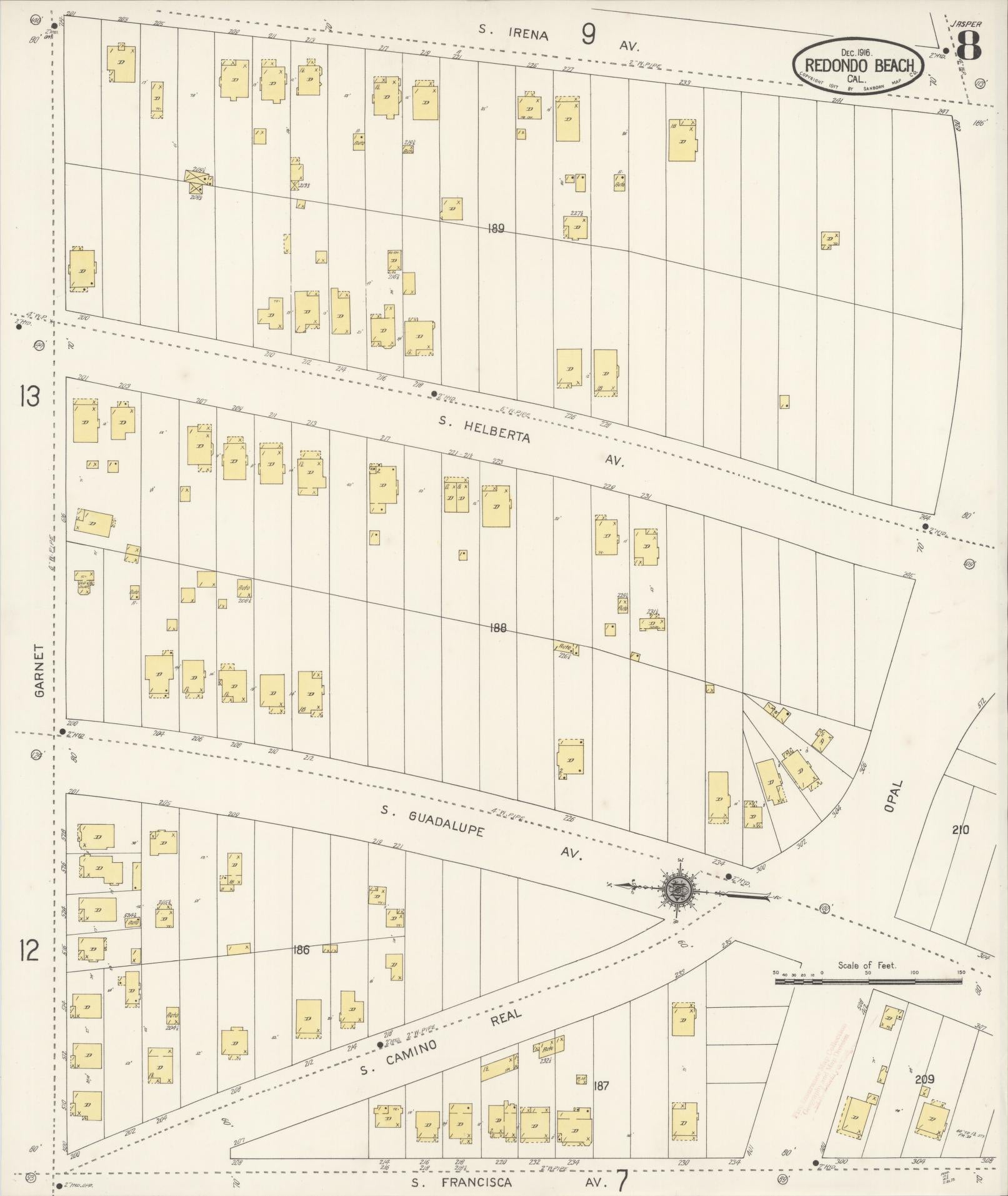 Sanborn Fire Insurance Map from Redondo Beach, Los Angeles County, California (1916), Sheet #0008 - Complete Map Set gallery image, historic Sanborn map, vintage wall art, California California