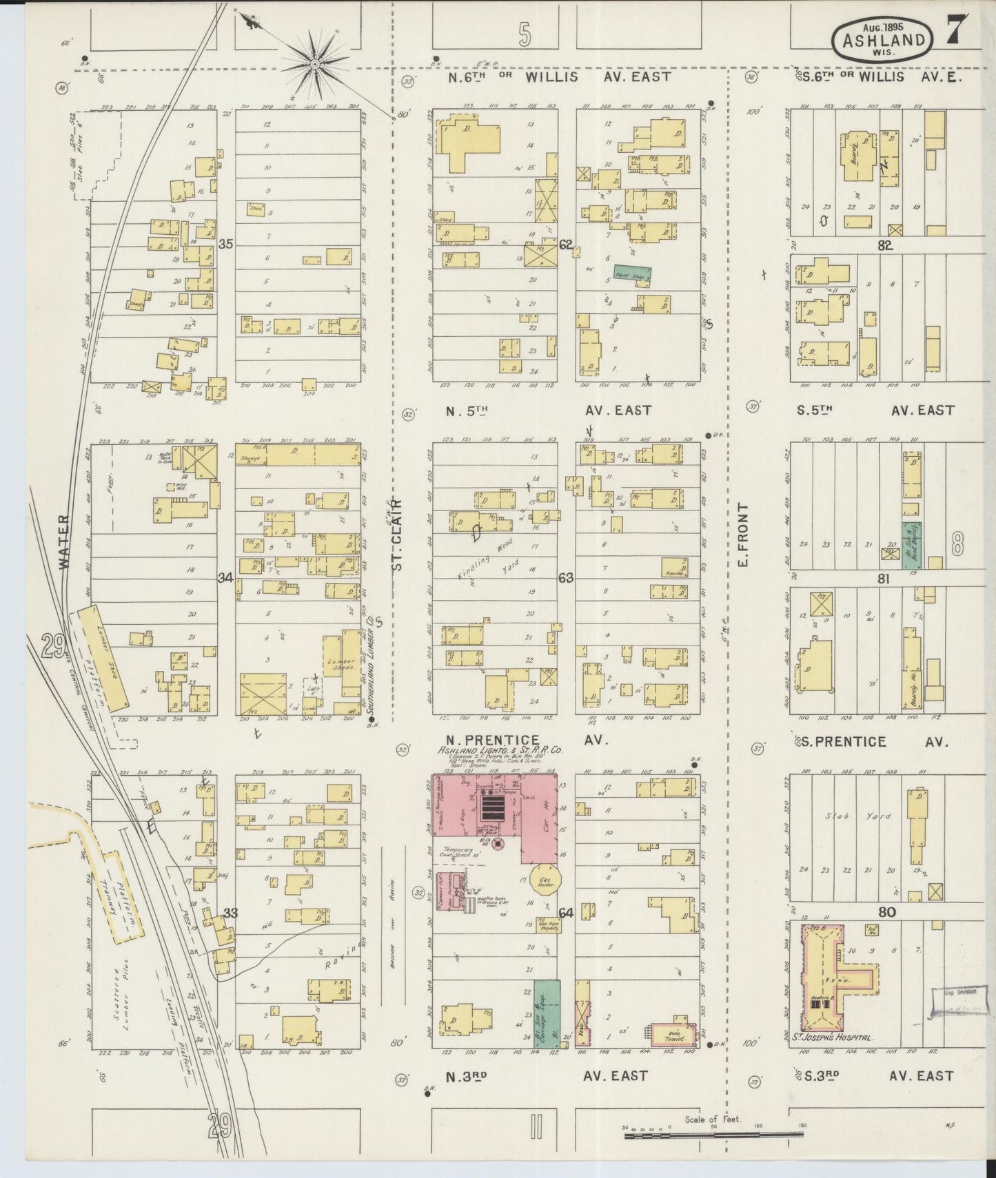 Sanborn Fire Insurance Map from Ashland, Ashland County, Wisconsin (1895), Sheet #0007 - Historic Sanborn Fire Insurance Map Print, vintage old map wall art, antique decor, genealogy gift, Wisconsin Wisconsin map