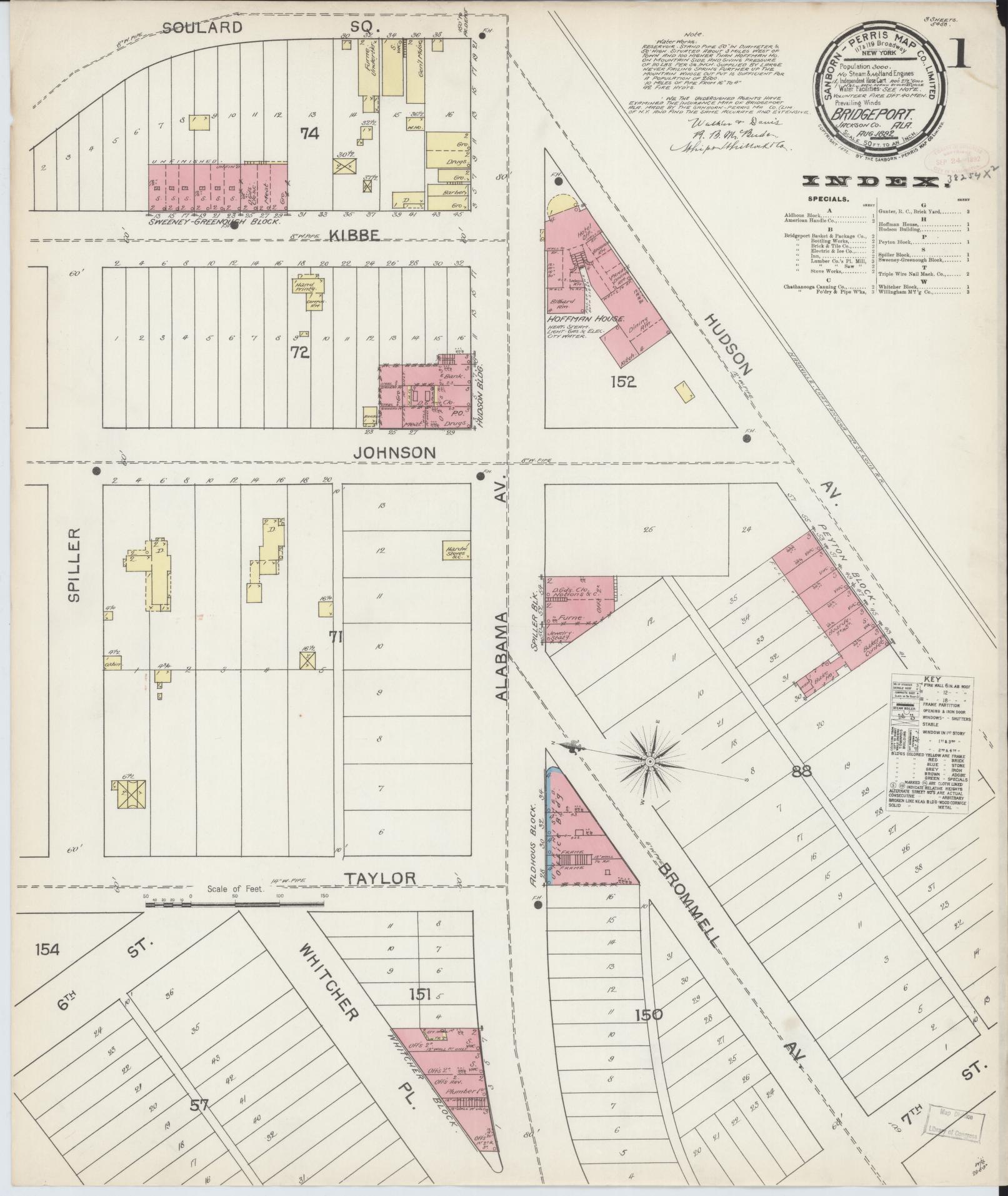 Sanborn Fire Insurance Map from Bridgeport, Jackson County, Alabama (1892), Sheet #0001 - Historic Sanborn Fire Insurance Map Print, vintage old map wall art, antique decor, genealogy gift, Alabama Alabama map