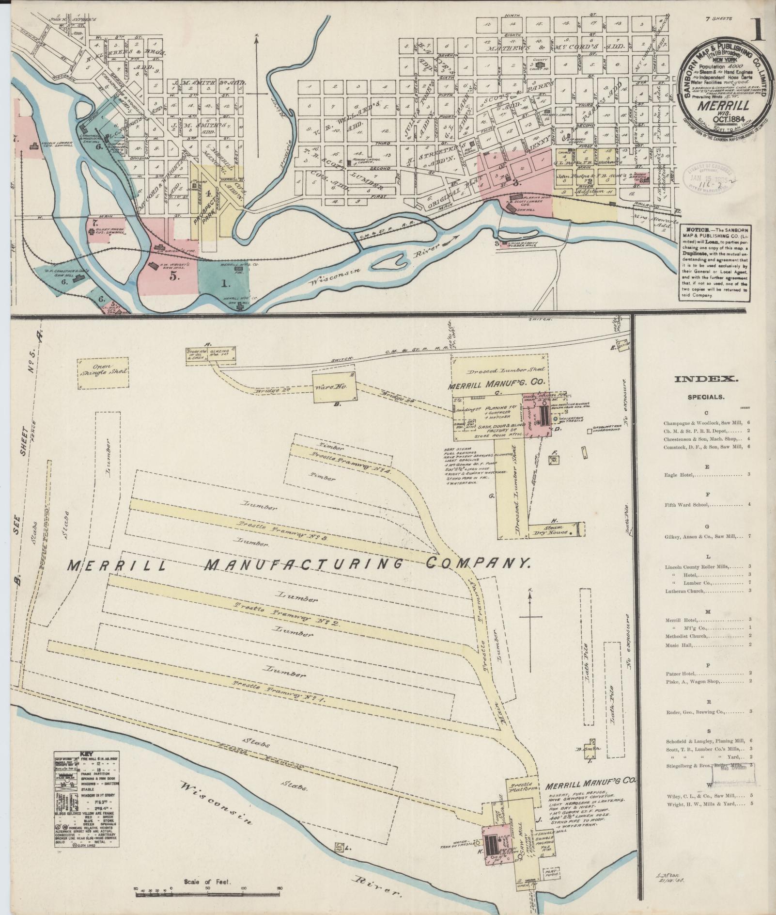 Sanborn Fire Insurance Map from Merrill, Lincoln County, Wisconsin (1884), Sheet #0001 - Historic Sanborn Fire Insurance Map Print, vintage old map wall art, antique decor, genealogy gift, Wisconsin Wisconsin map
