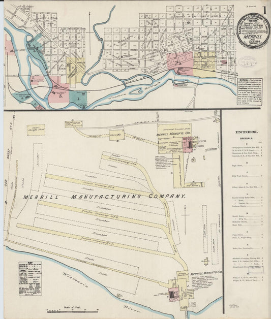 Sanborn Fire Insurance Map from Merrill, Lincoln County, Wisconsin (1884), Sheet #0001 - Historic Sanborn Fire Insurance Map Print, vintage old map wall art, antique decor, genealogy gift, Wisconsin Wisconsin map