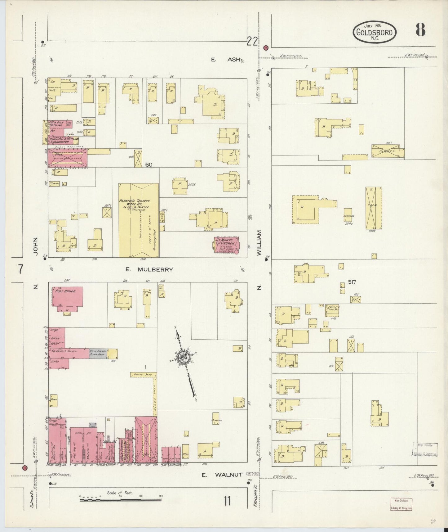 Sanborn Fire Insurance Map from Goldsboro, Wayne County, North Carolina (1913), Sheet #0008 - Complete Map Set gallery image, historic Sanborn map, vintage wall art, North Carolina North Carolina