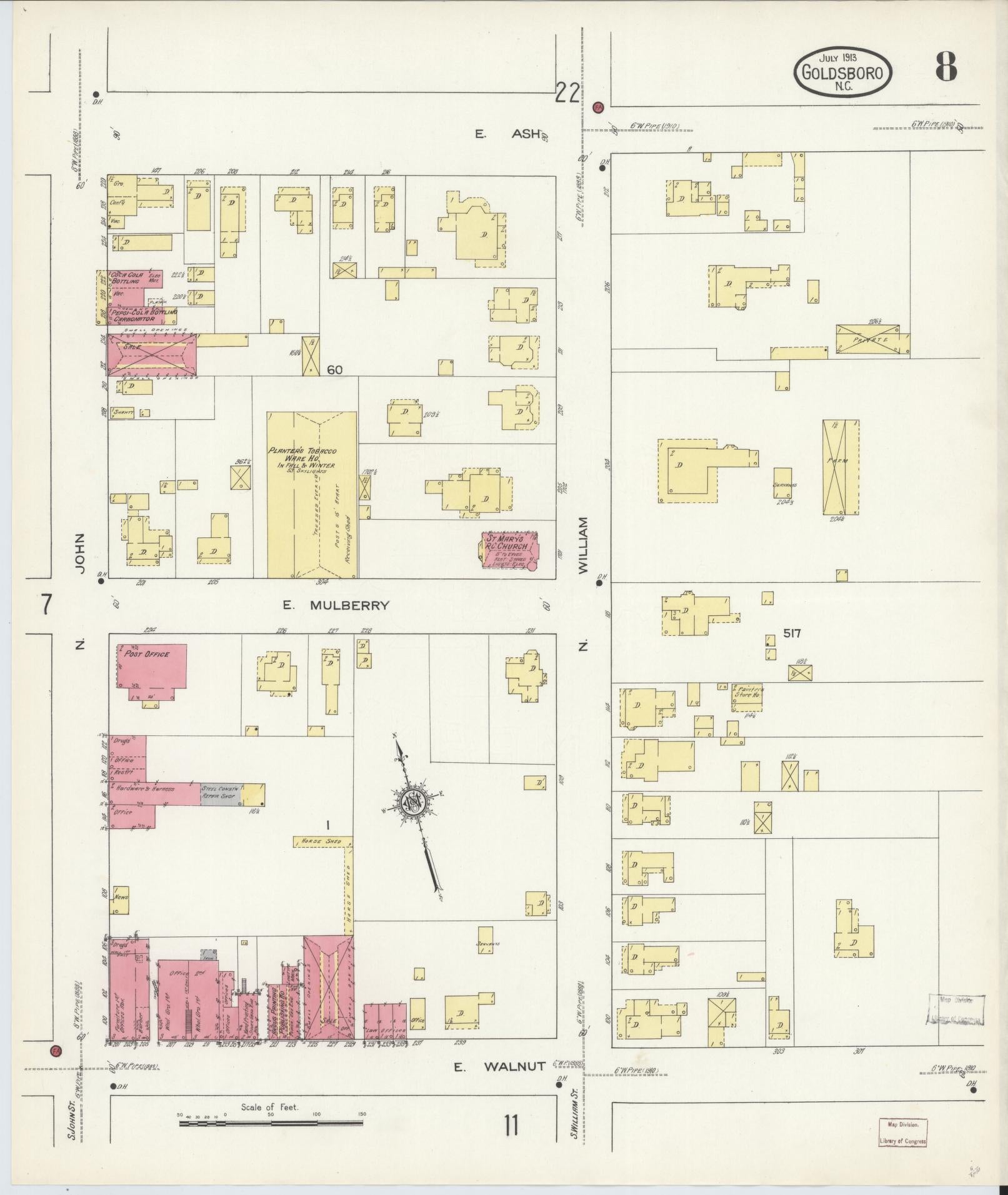 Sanborn Fire Insurance Map from Goldsboro, Wayne County, North Carolina (1913), Sheet #0008 - Complete Map Set gallery image, historic Sanborn map, vintage wall art, North Carolina North Carolina