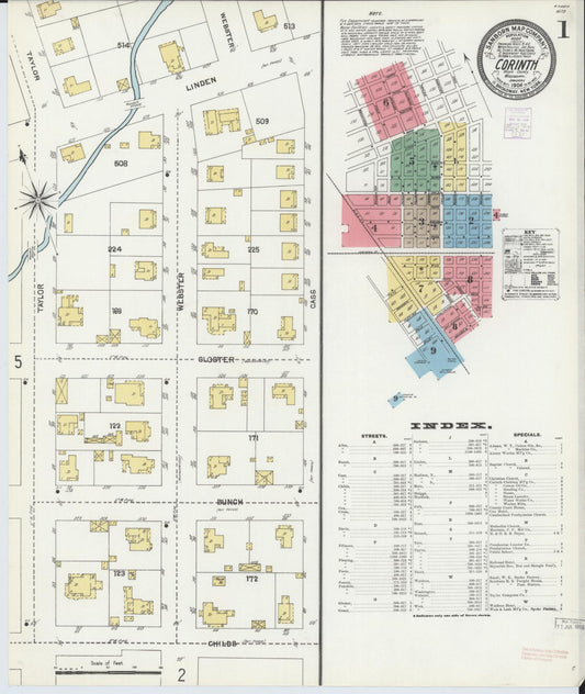 Sanborn Fire Insurance Map from Corinth, Alcorn County, Mississippi (1904), Sheet #0001 - Historic Sanborn Fire Insurance Map Print, vintage old map wall art, antique decor, genealogy gift, Mississippi Mississippi map
