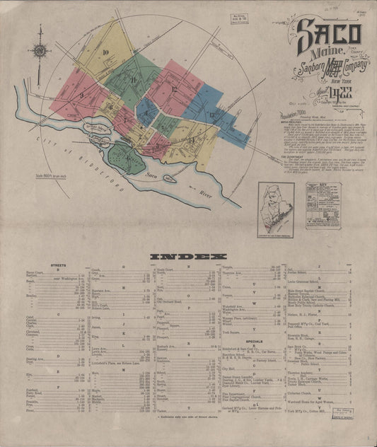 Sanborn Fire Insurance Map from Saco, York County, Maine (1922), Sheet #0001 - Complete Map Set gallery image, historic Sanborn map, vintage wall art, Maine Maine