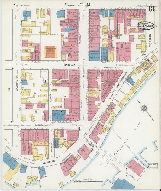 Sanborn Fire Insurance Map from Ogdensburg, St. Lawrence County, New York (1918), Sheet #0013 - Historic Sanborn Fire Insurance Map Print, vintage old map wall art, antique decor, genealogy gift, New York New York map