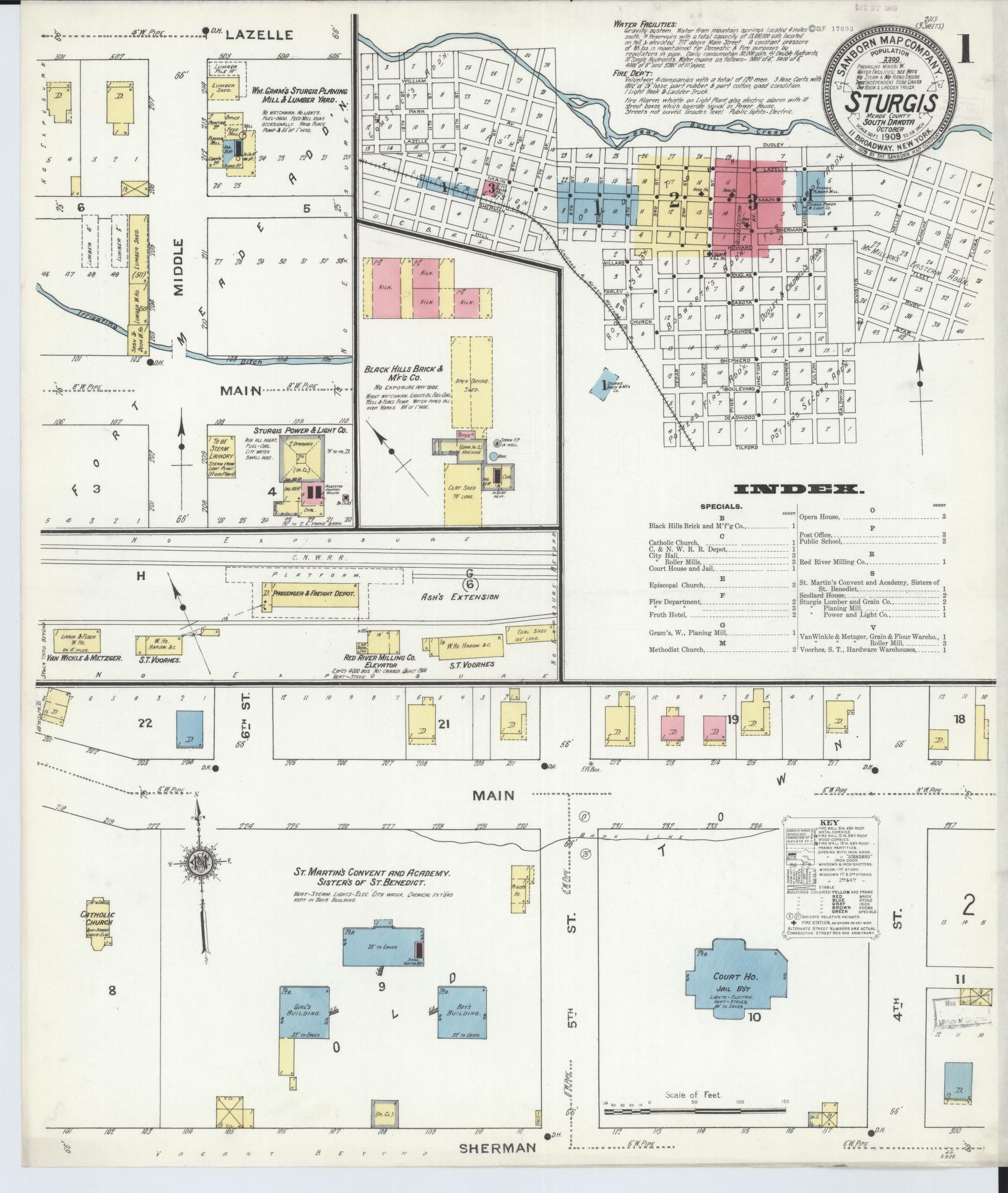 Sanborn Fire Insurance Map from Sturgis, Meade County, South Dakota (1909), Sheet #0001 - Historic Sanborn Fire Insurance Map Print, vintage old map wall art, antique decor, genealogy gift, South Dakota South Dakota map