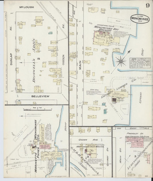 Sanborn Fire Insurance Map from Menominee, Menominee County, Michigan (1884), Sheet #0009 - Historic Sanborn Fire Insurance Map Print, vintage old map wall art, antique decor, genealogy gift, Michigan Michigan map