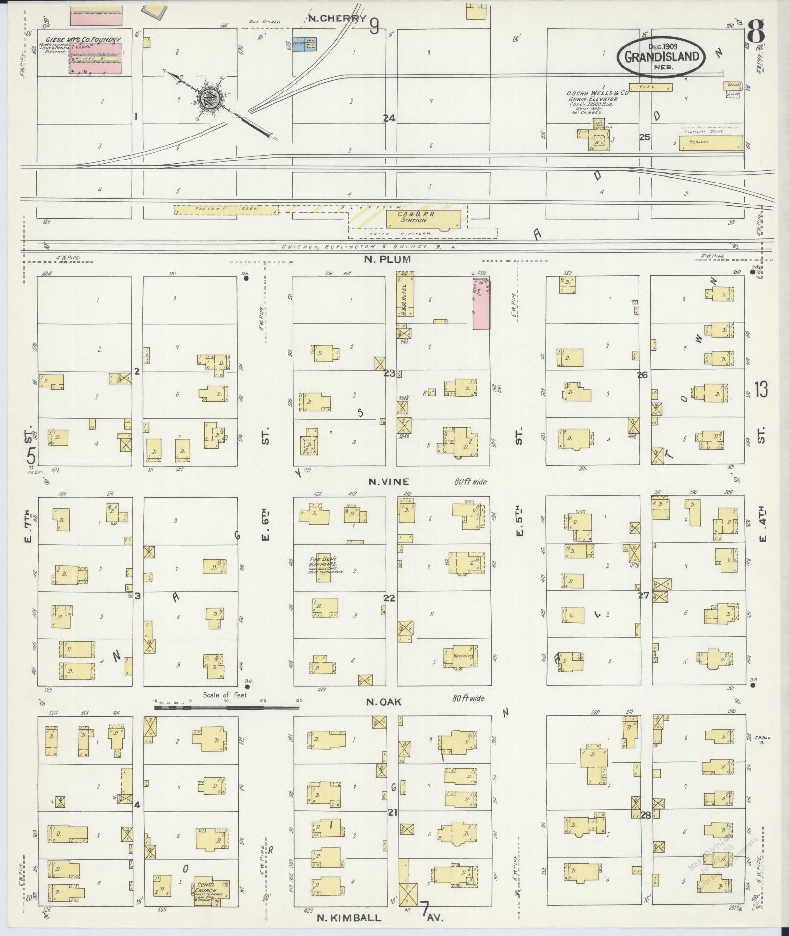 Sanborn Fire Insurance Map from Grand Island, Hall County, Nebraska (1909), Sheet #0008 - Complete Map Set gallery image, historic Sanborn map, vintage wall art, Nebraska Nebraska