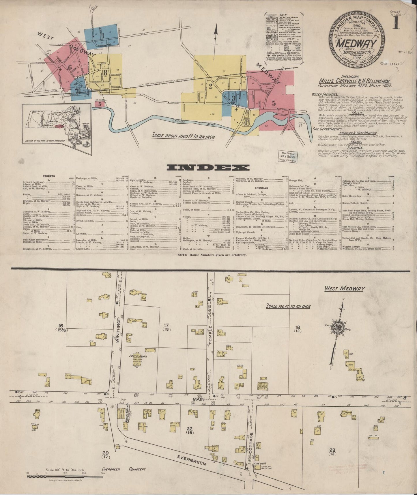 Sanborn Fire Insurance Map from Medway, Norfolk County, Massachusetts (1922), Sheet #0001 - Historic Sanborn Fire Insurance Map Print, vintage old map wall art, antique decor, genealogy gift, Massachusetts Massachusetts map