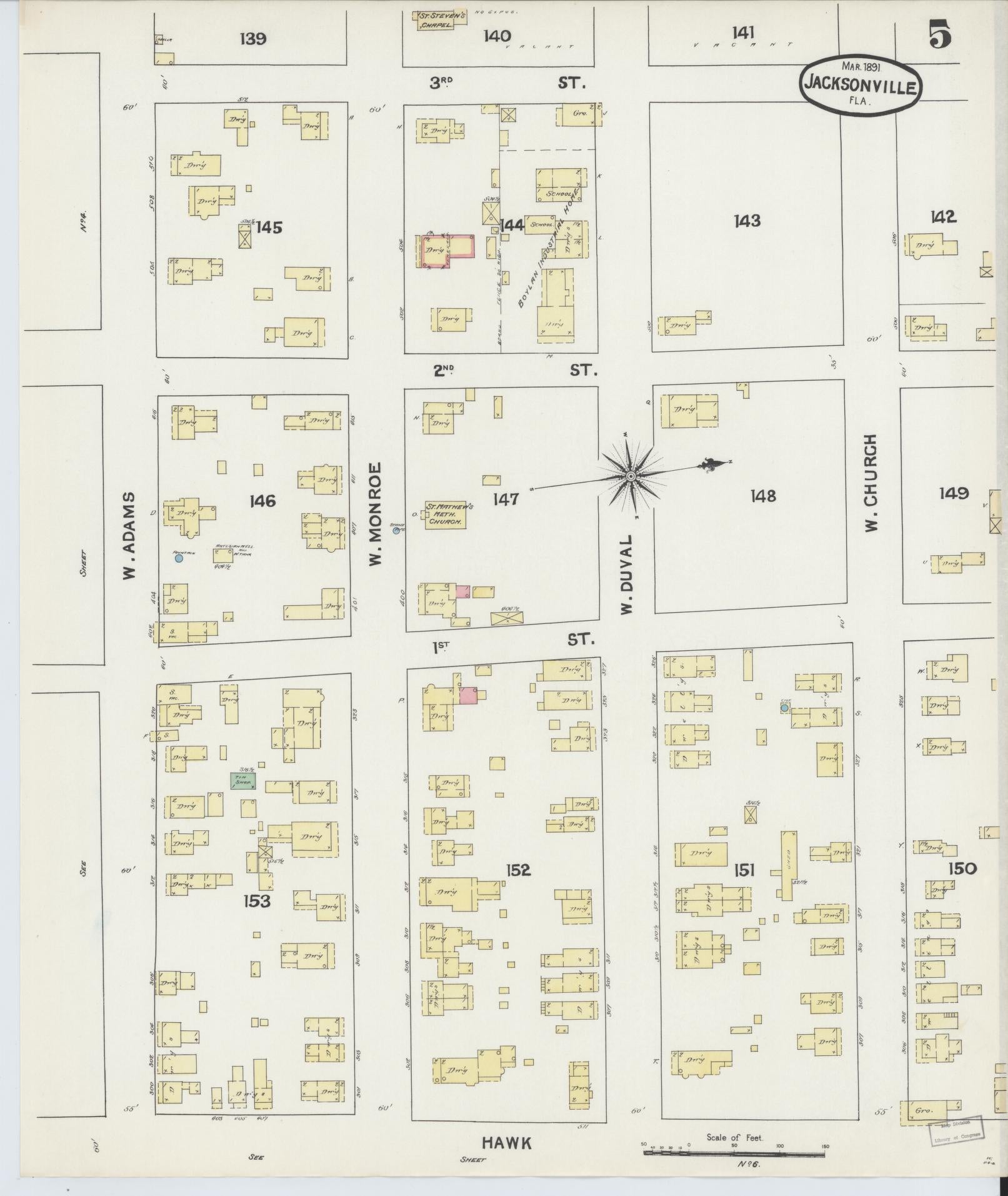 Sanborn Fire Insurance Map from Jacksonville, Duval County, Florida (1891), Sheet #0005 - Historic Sanborn Fire Insurance Map Print, vintage old map wall art, antique decor, genealogy gift, Florida Florida map