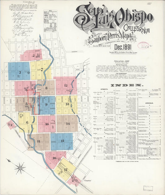 Sanborn Fire Insurance Map from San Luis Obispo, San Luis Obispo County, California (1891), Sheet #0001 - Complete Map Set gallery image, historic Sanborn map, vintage wall art, California California