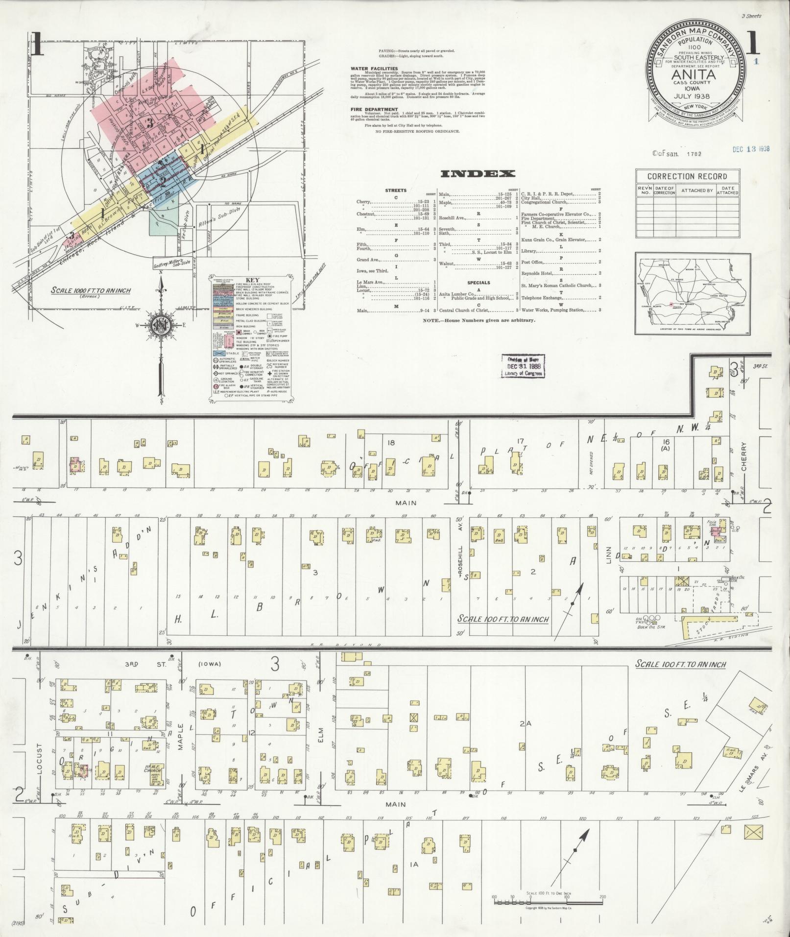 Sanborn Fire Insurance Map from Anita, Cass County, Iowa (1938), Sheet #0001 - Historic Sanborn Fire Insurance Map Print, vintage old map wall art