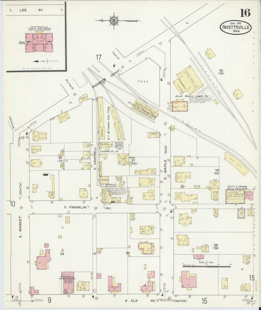 Sanborn Fire Insurance Map from Fayetteville, Lincoln County, Tennessee (1914), Sheet #0016 - Historic Sanborn Fire Insurance Map Print, vintage old map wall art, antique decor, genealogy gift, Tennessee Tennessee map