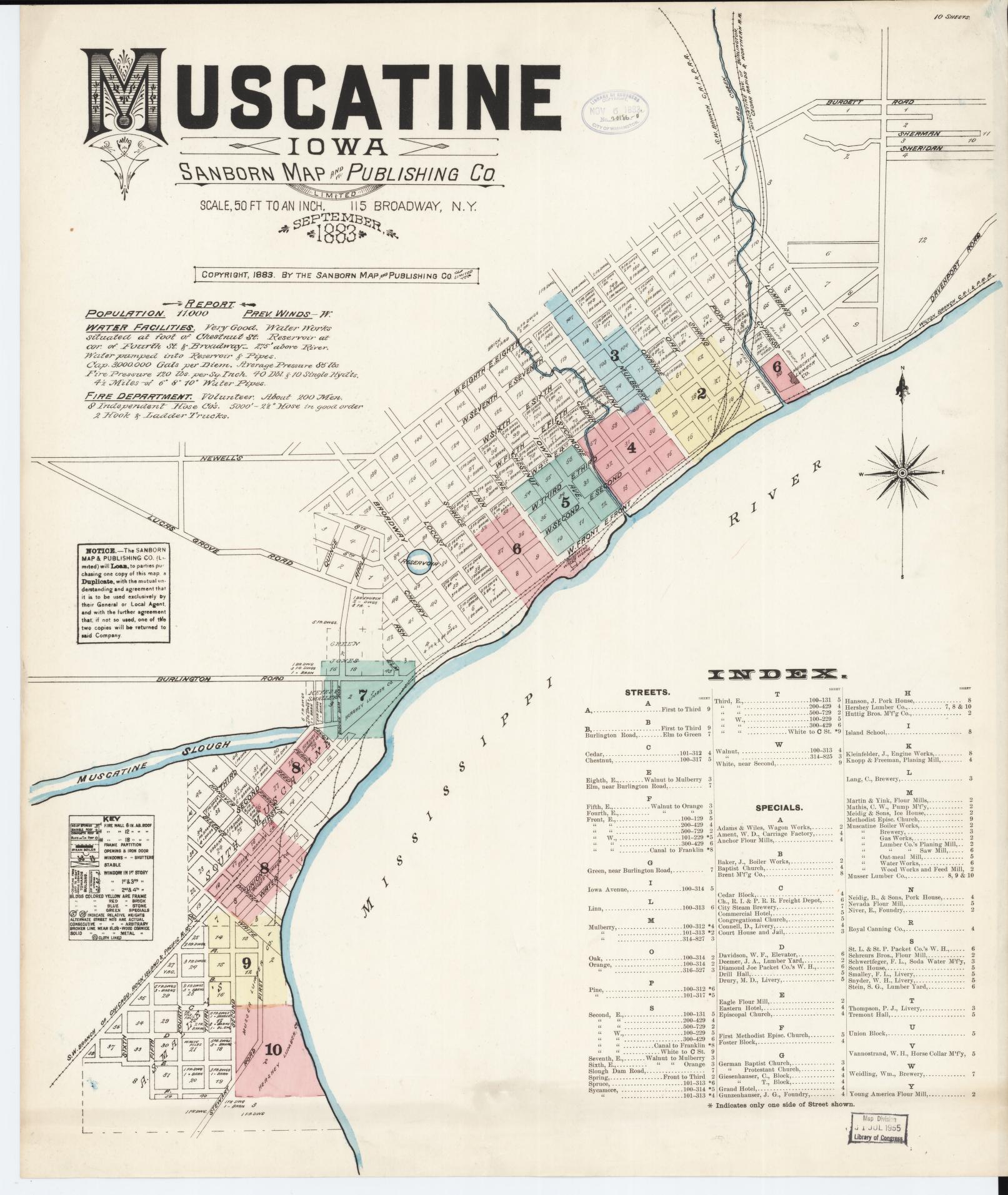 Sanborn Fire Insurance Map from Muscatine, Muscatine County, Iowa (1883), Sheet #0001 - Historic Sanborn Fire Insurance Map Print