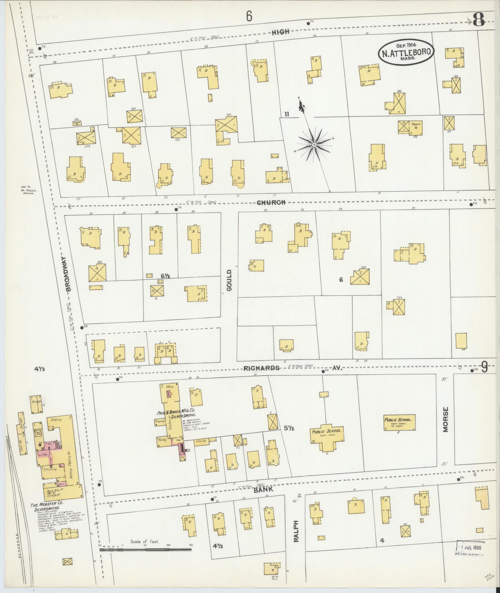 Sanborn Fire Insurance Map from North Attleborough, Bristol County, Massachusetts (1904), Sheet #0008 - Historic Sanborn Fire Insurance Map Print, vintage old map wall art, antique decor, genealogy gift, Massachusetts Massachusetts map
