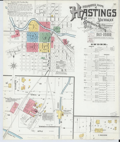 Sanborn Fire Insurance Map from Hastings, Barry County, Michigan (1900), Sheet #0001 - Historic Sanborn Fire Insurance Map Print, vintage old map wall art, antique decor, genealogy gift, Michigan Michigan map
