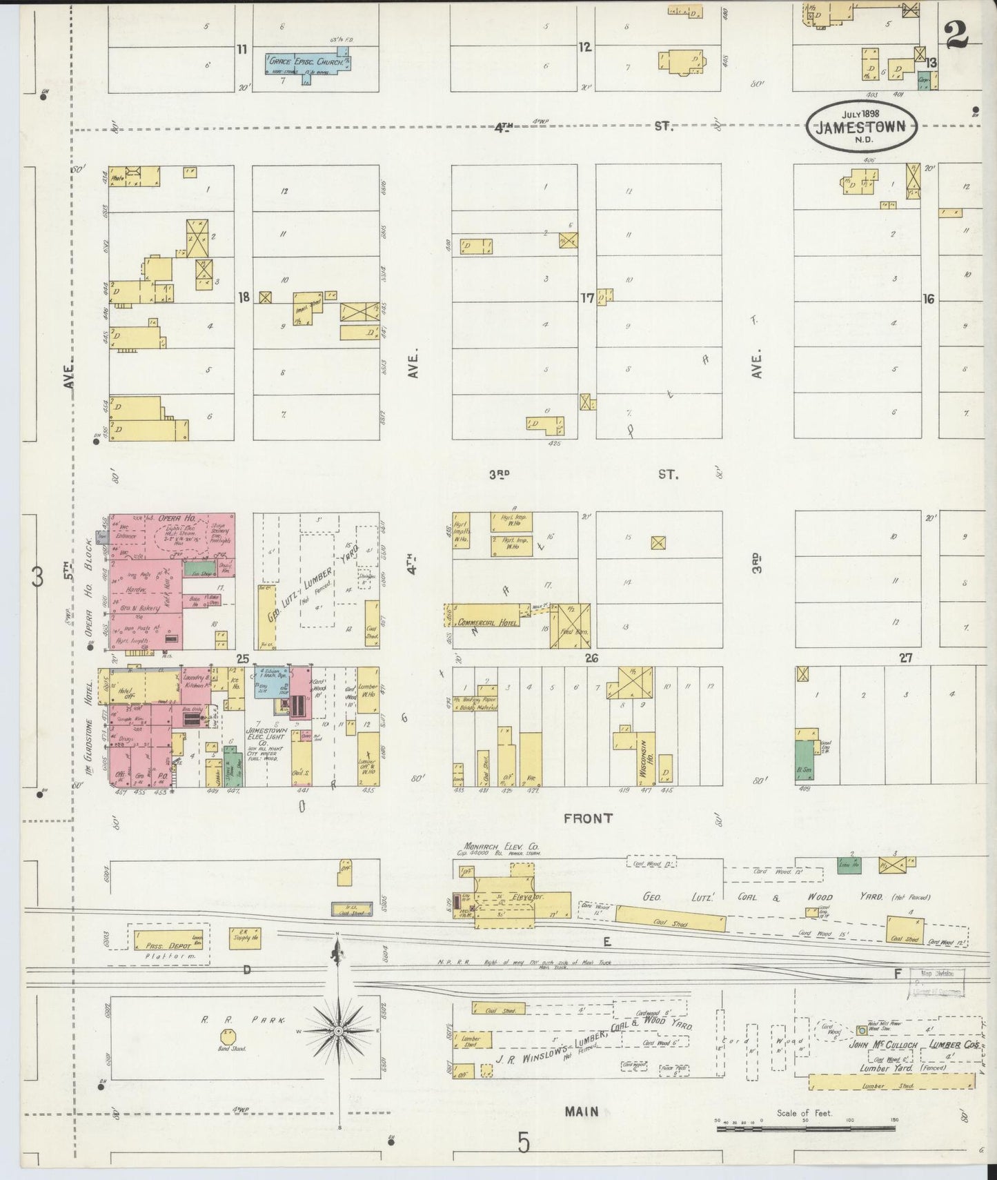 Sanborn Fire Insurance Map from Jamestown, Stutsman County, North Dakota (1898), Sheet #0002 - Historic Sanborn Fire Insurance Map Print, vintage old map wall art, antique decor, genealogy gift, North Dakota North Dakota map