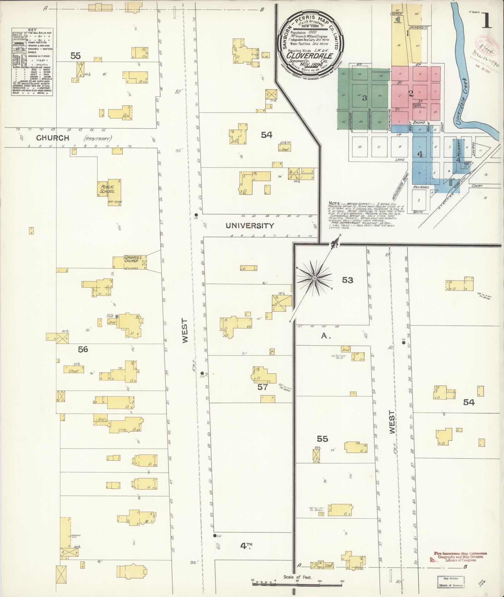 Sanborn Fire Insurance Map from Cloverdale, Sonoma County, California (1894), Sheet #0001 - Complete Map Set gallery image, historic Sanborn map, vintage wall art, California California