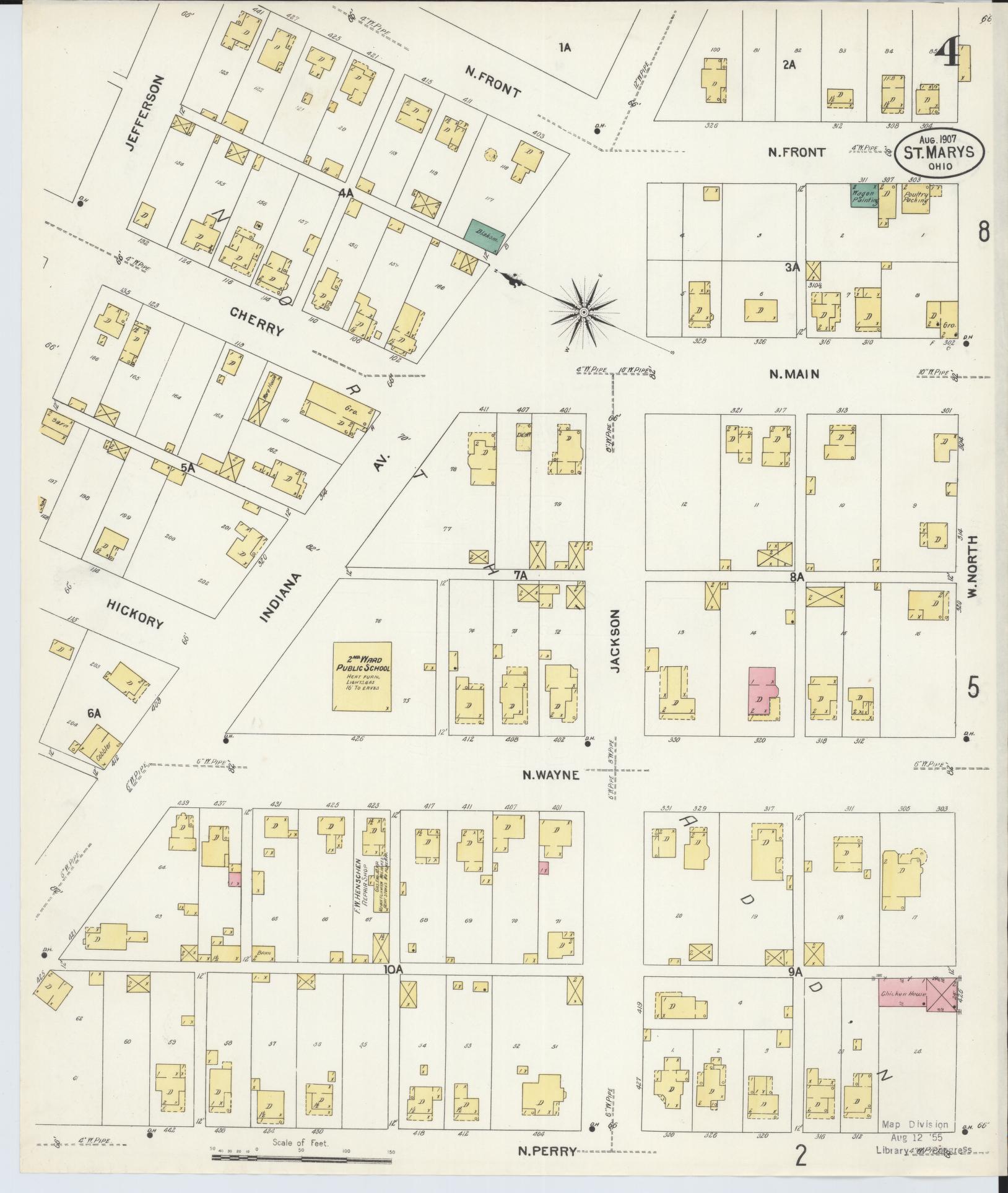 Sanborn Fire Insurance Map from Saint Marys, Auglaize County, Ohio (1907), Sheet #0004 - Historic Sanborn Fire Insurance Map Print, vintage old map wall art, antique decor, genealogy gift, Ohio Ohio map