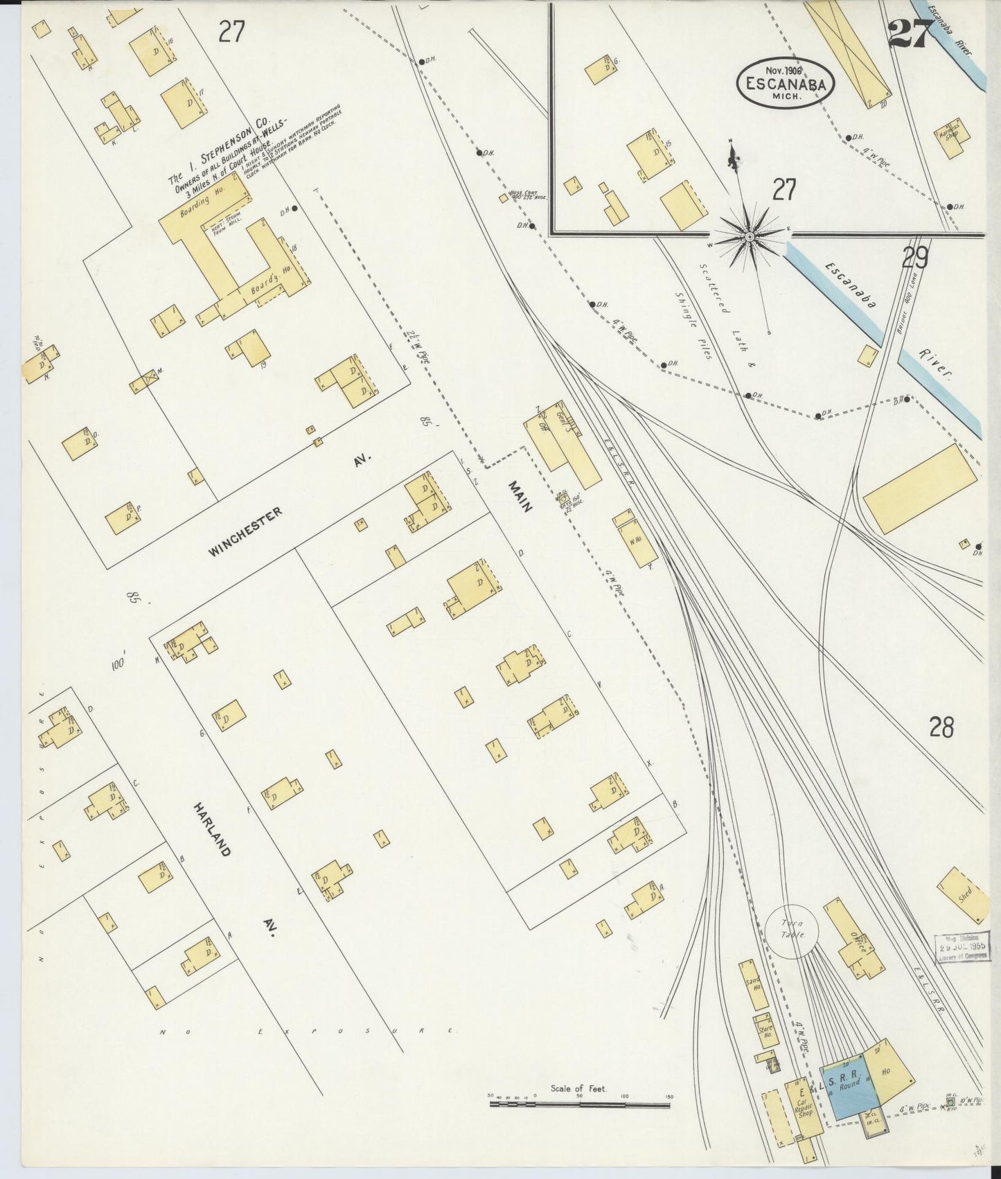 Sanborn Fire Insurance Map from Escanaba, Delta County, Michigan (1906), Sheet #0027 - Complete Map Set gallery image, historic Sanborn map, vintage wall art, Michigan Michigan