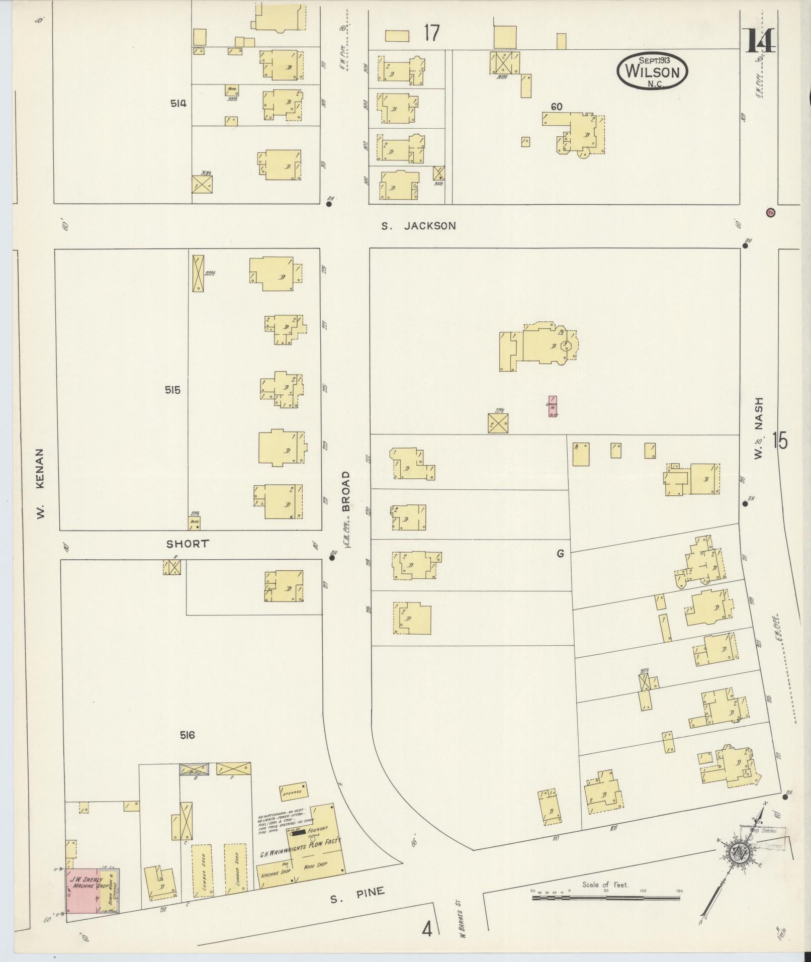 Sanborn Fire Insurance Map from Wilson, Wilson County, North Carolina (1913), Sheet #0014 - Historic Sanborn Fire Insurance Map Print, vintage old map wall art, antique decor, genealogy gift, North Carolina North Carolina map
