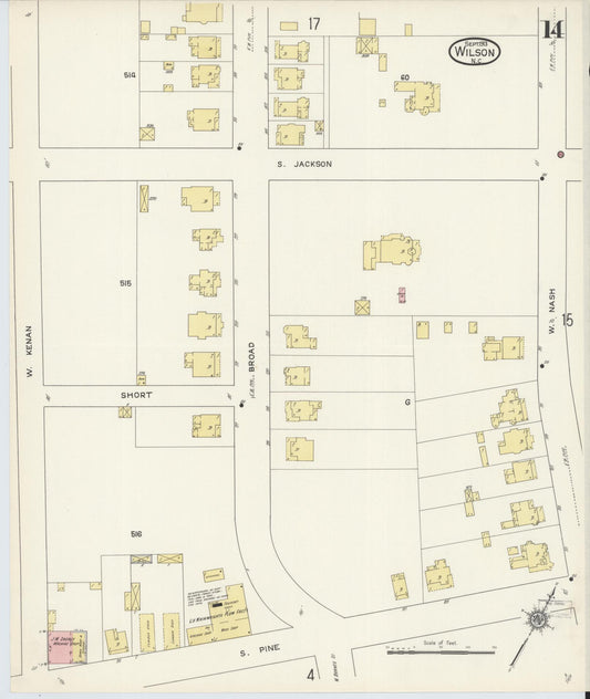 Sanborn Fire Insurance Map from Wilson, Wilson County, North Carolina (1913), Sheet #0014 - Historic Sanborn Fire Insurance Map Print, vintage old map wall art, antique decor, genealogy gift, North Carolina North Carolina map