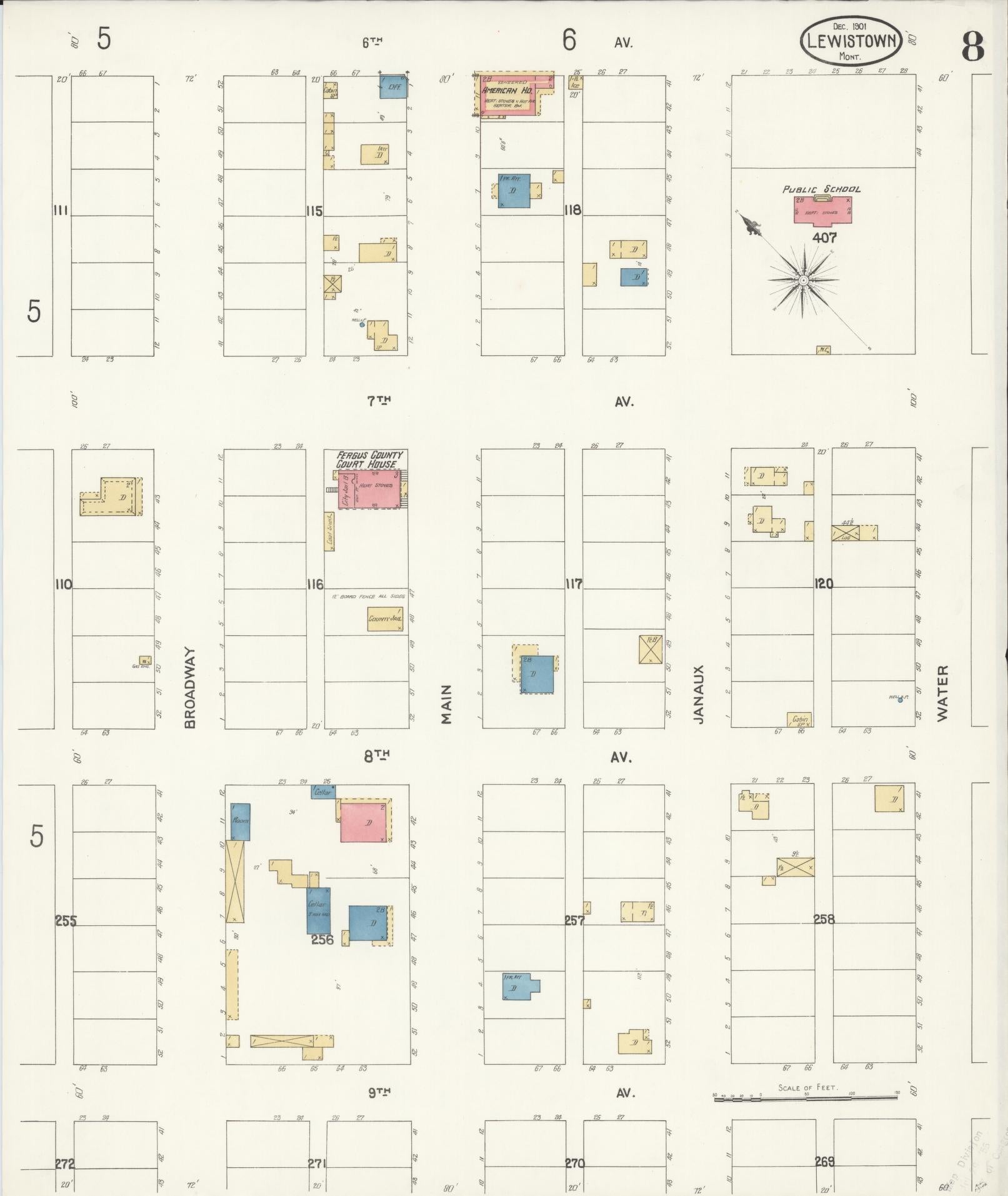 Sanborn Fire Insurance Map from Lewistown, Fergus County, Montana (1901), Sheet #0008 - Historic Sanborn Fire Insurance Map Print, vintage old map wall art, antique decor, genealogy gift, Montana Montana map