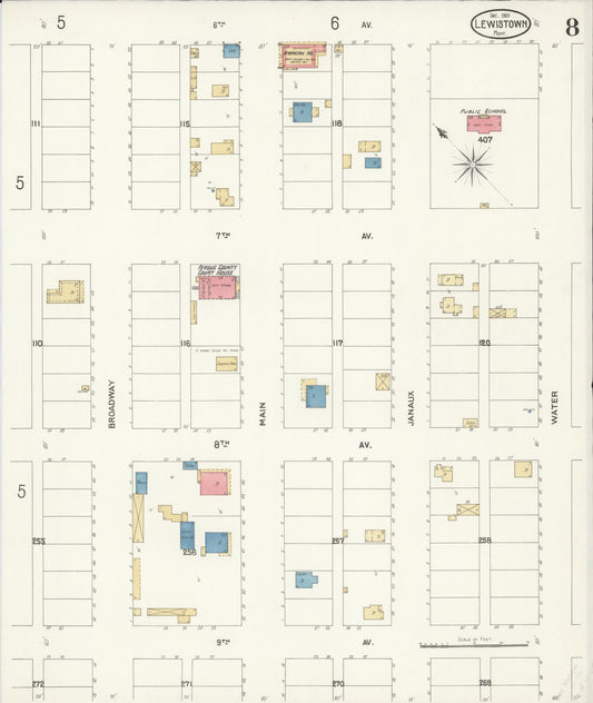 Sanborn Fire Insurance Map from Lewistown, Fergus County, Montana (1901), Sheet #0008 - Historic Sanborn Fire Insurance Map Print, vintage old map wall art, antique decor, genealogy gift, Montana Montana map