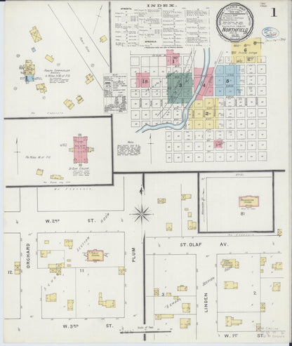 Sanborn Fire Insurance Map from Northfield, Rice County, Minnesota (1894), Sheet #0001 - Historic Sanborn Fire Insurance Map Print, vintage old map wall art, antique decor, genealogy gift, Minnesota Minnesota map