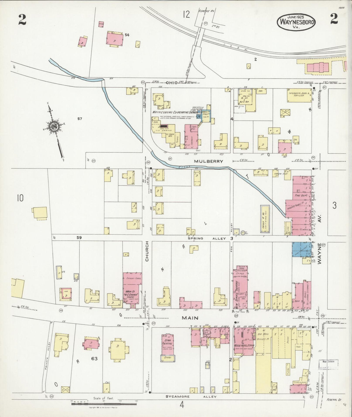 Sanborn Fire Insurance Map from Waynesboro, Independent Cities, Virginia (1925), Sheet #0002 - Historic Sanborn Fire Insurance Map Print, vintage old map wall art, antique decor, genealogy gift, Virginia Virginia map