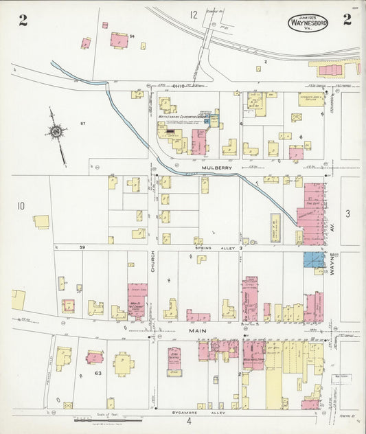 Sanborn Fire Insurance Map from Waynesboro, Independent Cities, Virginia (1925), Sheet #0002 - Historic Sanborn Fire Insurance Map Print, vintage old map wall art, antique decor, genealogy gift, Virginia Virginia map