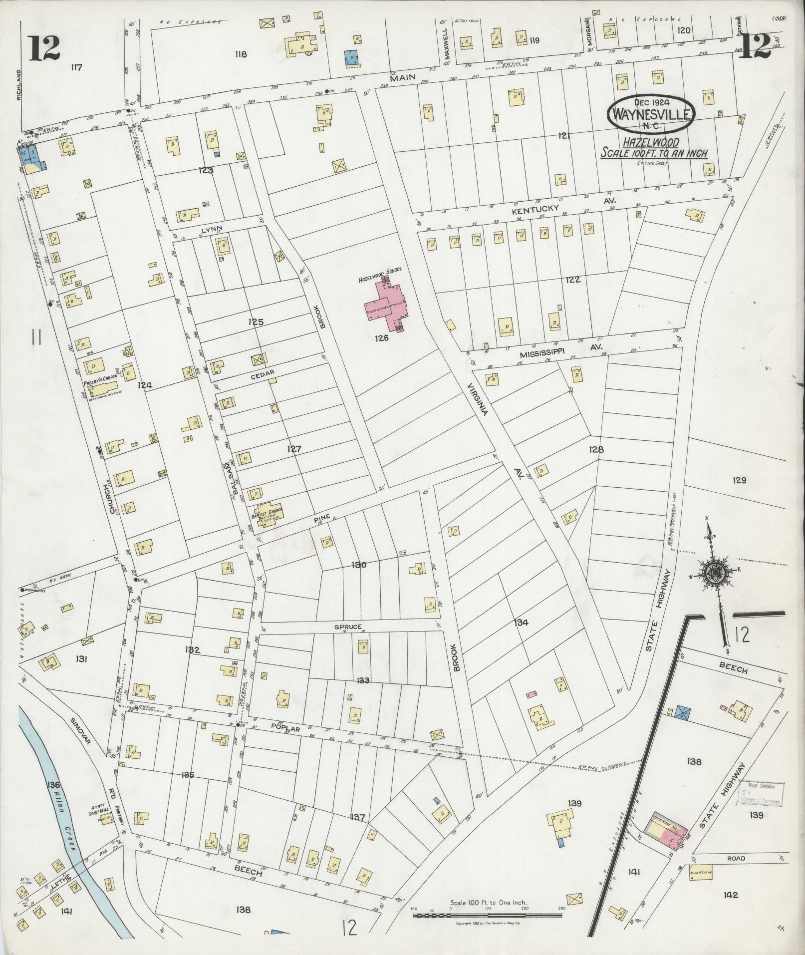 Sanborn Fire Insurance Map from Waynesville, Haywood County, North Carolina (1924), Sheet #0012 - Historic Sanborn Fire Insurance Map Print, vintage old map wall art, antique decor, genealogy gift, North Carolina North Carolina map