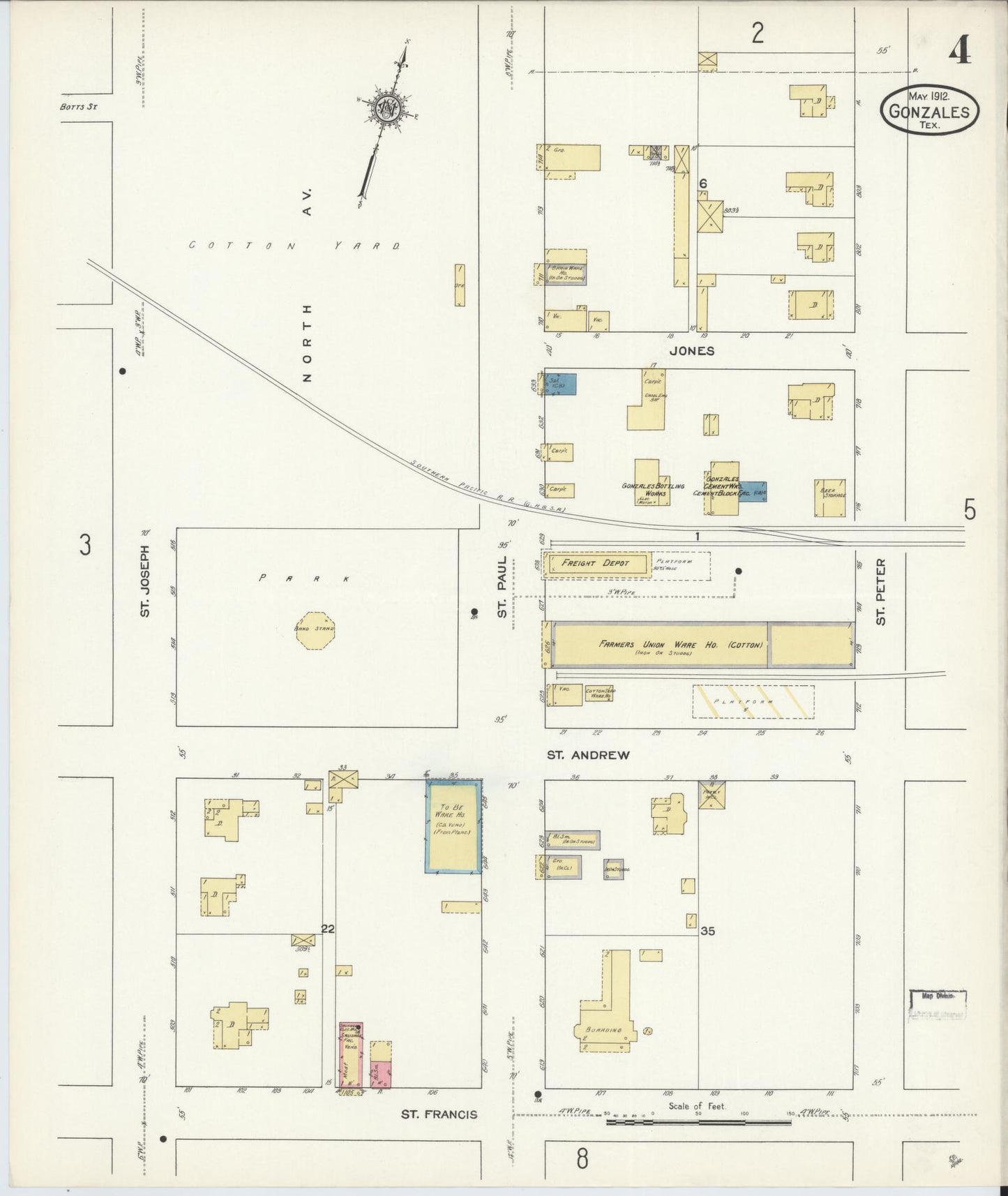 Sanborn Fire Insurance Map from Gonzales, Gonzales County, Texas (1912), Sheet #0004 - Complete Map Set gallery image, historic Sanborn map, vintage wall art, Texas Texas