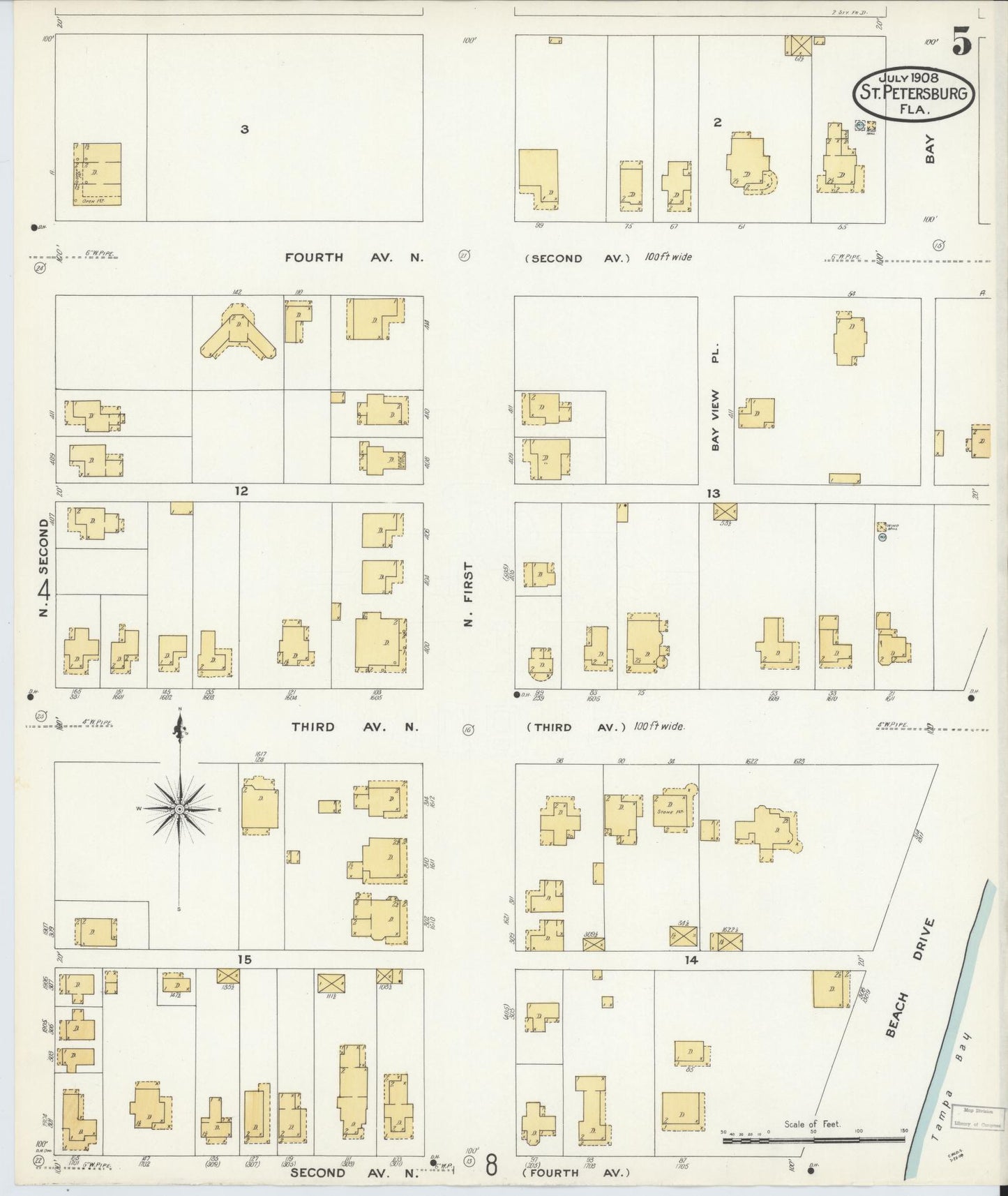 Sanborn Fire Insurance Map from Saint Petersburg, Pinellas County, Florida (1908), Sheet #0005 - Historic Sanborn Fire Insurance Map Print, vintage old map wall art, antique decor, genealogy gift, Florida Florida map