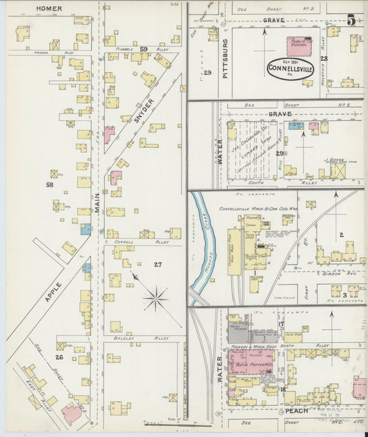 Sanborn Fire Insurance Map from Connellsville, Fayette County, Pennsylvania (1891), Sheet #0005 - Historic Sanborn Fire Insurance Map Print, vintage old map wall art, antique decor, genealogy gift, Pennsylvania Pennsylvania map