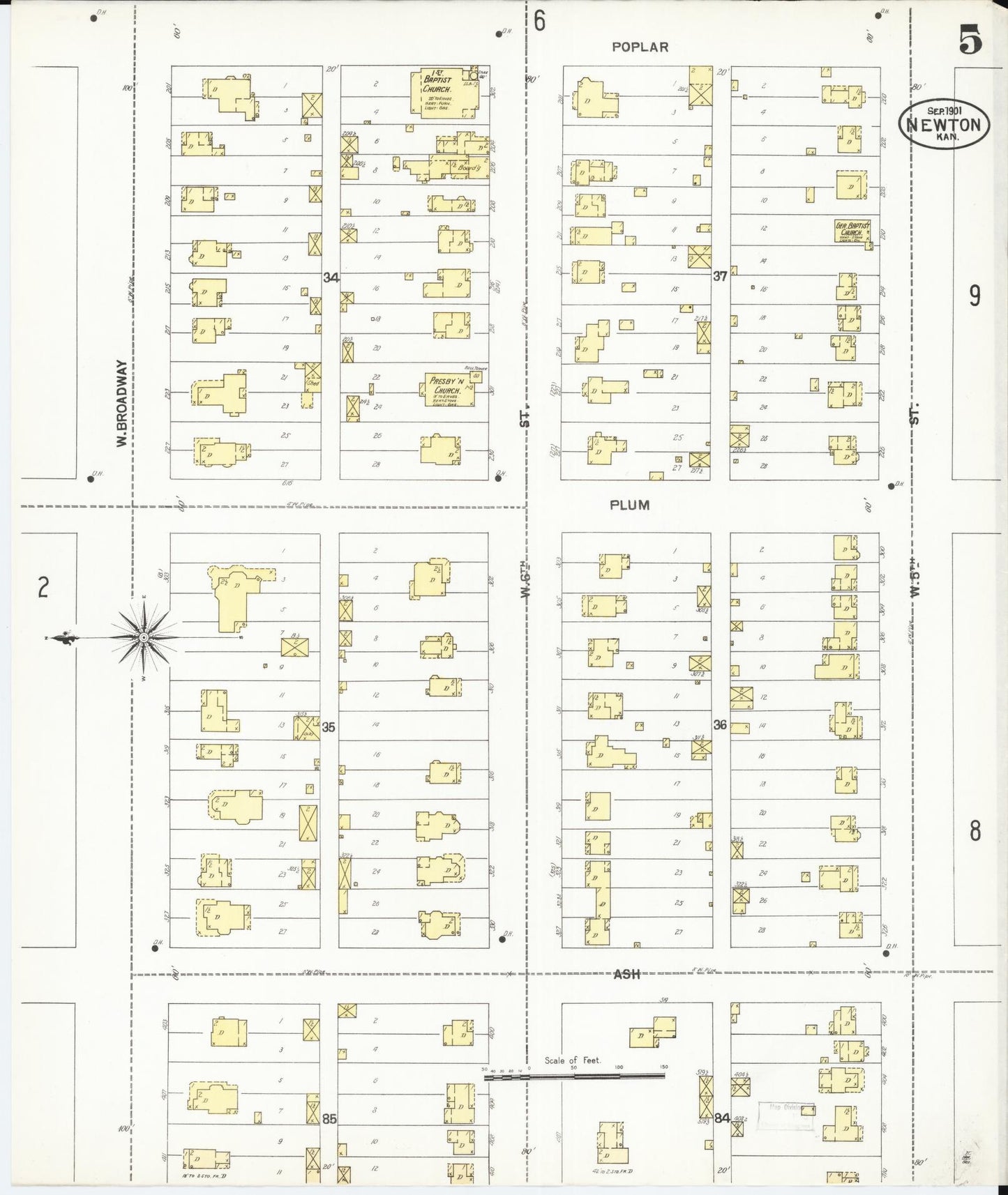 Sanborn Fire Insurance Map from Newton, Harvey County, Kansas (1901), Sheet #0005 - Historic Sanborn Fire Insurance Map Print, vintage old map wall art, antique decor, genealogy gift, Kansas Kansas map