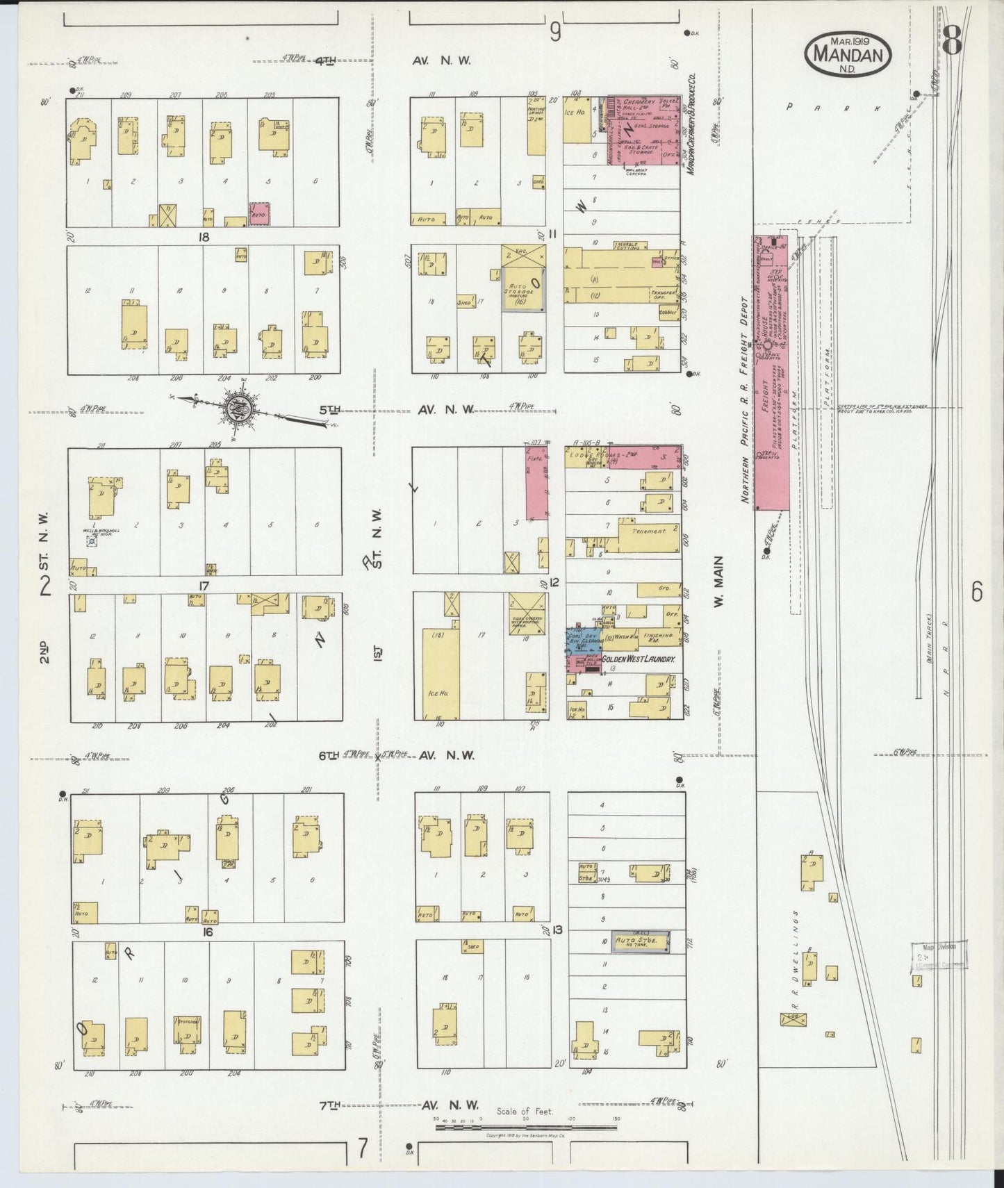 Sanborn Fire Insurance Map from Mandan, Morton County, North Dakota (1919), Sheet #0008 - Historic Sanborn Fire Insurance Map Print, vintage old map wall art, antique decor, genealogy gift, North Dakota North Dakota map