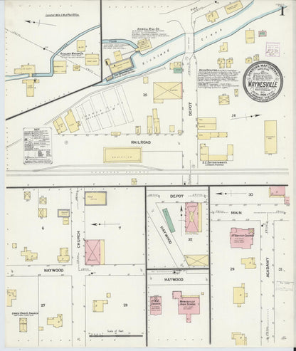 Sanborn Fire Insurance Map from Waynesville, Haywood County, North Carolina (1908), Sheet #0001 - Historic Sanborn Fire Insurance Map Print, vintage old map wall art, antique decor, genealogy gift, North Carolina North Carolina map