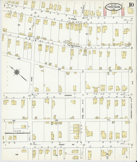 Sanborn Fire Insurance Map from Frostburg, Allegany County, Maryland (1910), Sheet #0010 - Historic Sanborn Fire Insurance Map Print, vintage old map wall art