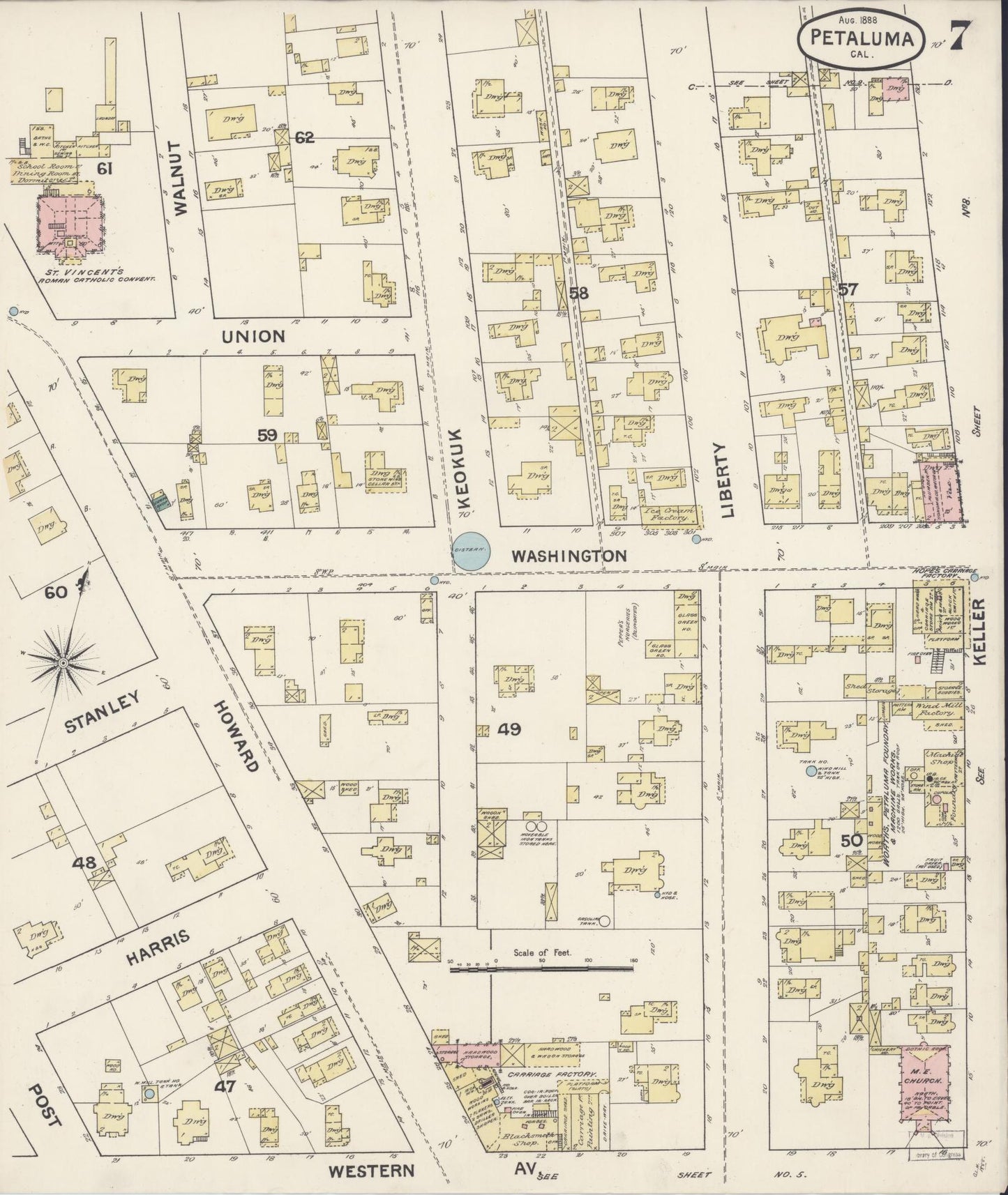 Sanborn Fire Insurance Map from Petaluma, Sonoma County, California (1888), Sheet #0007 - Complete Map Set gallery image, historic Sanborn map, vintage wall art, California California