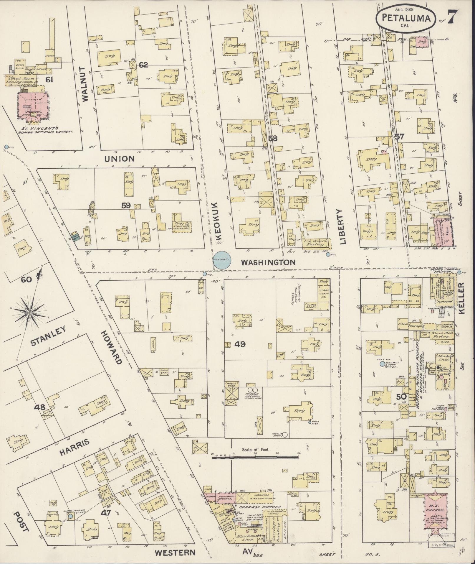 Sanborn Fire Insurance Map from Petaluma, Sonoma County, California (1888), Sheet #0007 - Complete Map Set gallery image, historic Sanborn map, vintage wall art, California California
