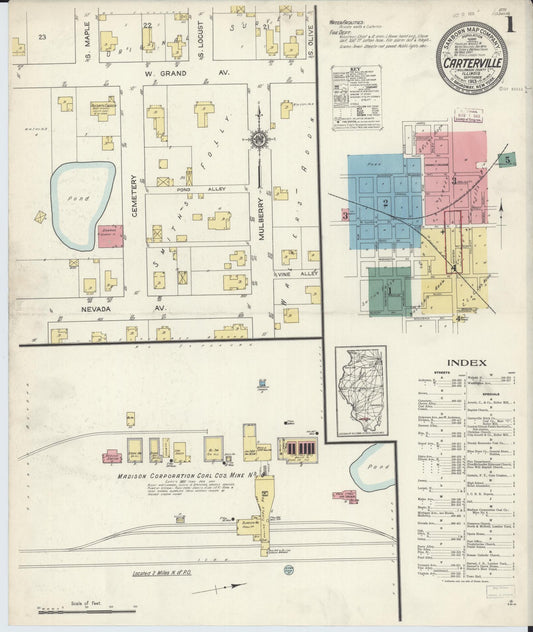 Sanborn Fire Insurance Map from Carterville, Williamson County, Illinois (1913), Sheet #0001 - Historic Sanborn Fire Insurance Map Print, vintage old map wall art, antique decor, genealogy gift, Illinois Illinois map